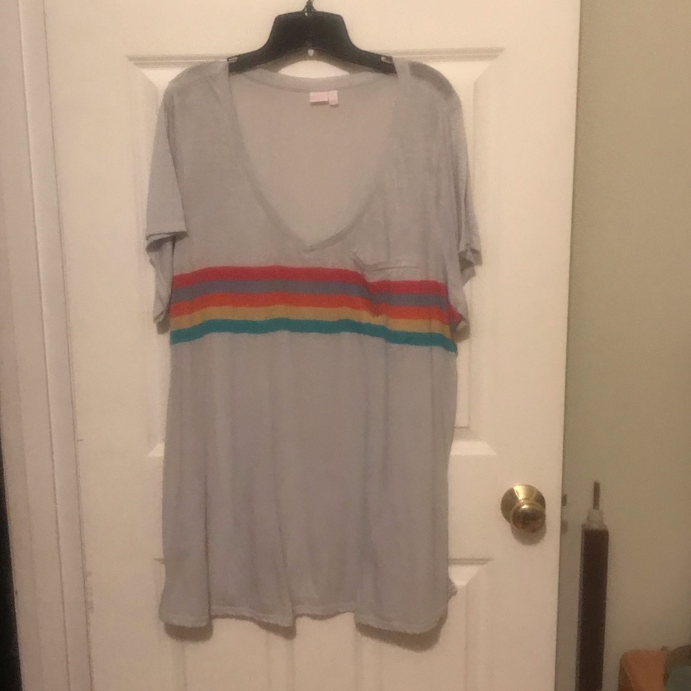 Vneck t with rainbow stripe across chest